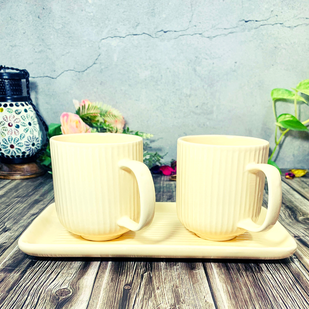 Homefrills Premium Stoneware Handmade Striped Design Ceramic Tea Cups & Milk/Coffee Mugs Along with Tray Microwave Dishwasher Safe - Pack of 3 ( 2 Cups and 1 Tray) Ivory, 300ml